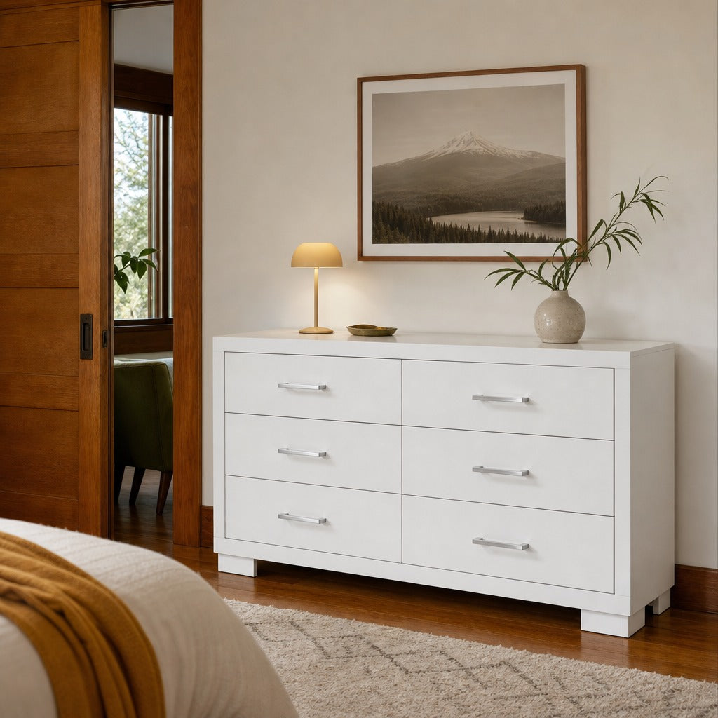 Jessica 6 Drawer Dresser Snow White styled in Portland Hawthorne Craftsmbungalow living room - What&