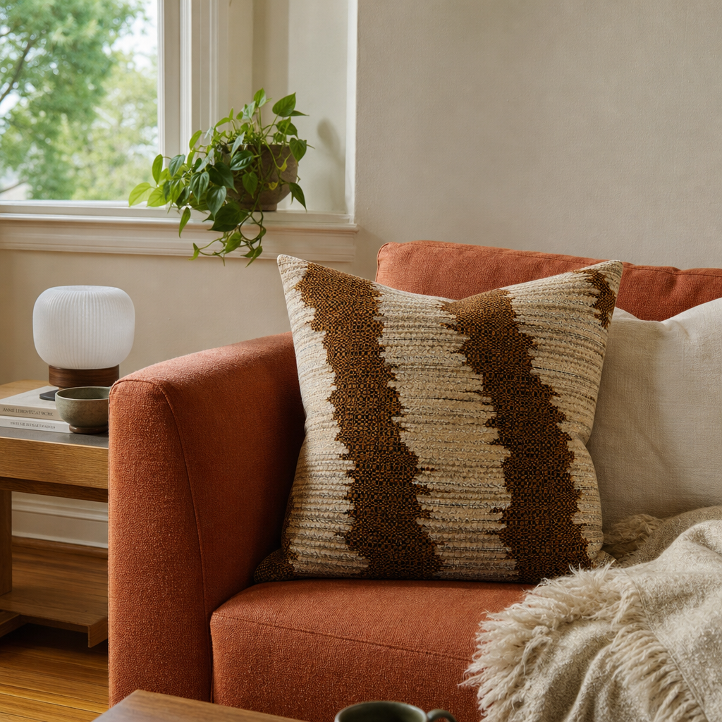 Jockey Ginger Throw Pillow styled in a Portland Alberta Arts sitting room lifestyle - Whats New Furniture
