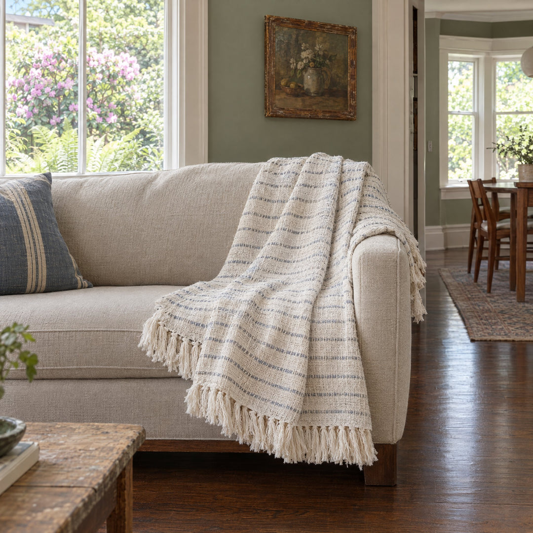 Jojo Oversized Throw in Ivory/Blue Grey styled in a Portland home - Whats New Furniture