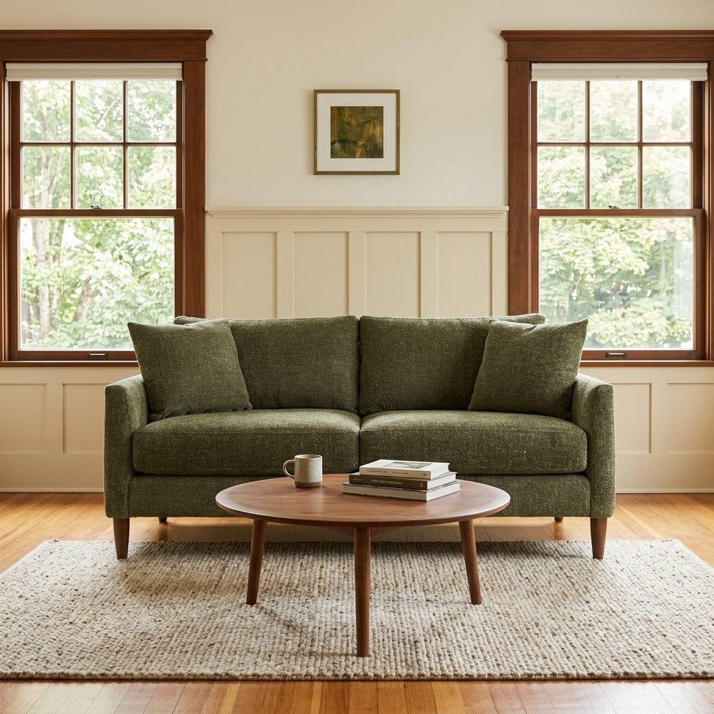 Josie Sofa in Camila Olive fabric closeup - mid-century sofa by Stylus - Whats New Furniture Portland OR
