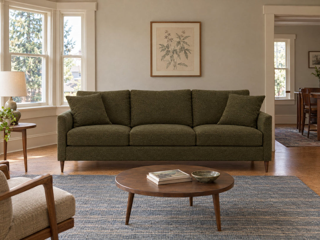 Josie Sofa in Camila Olive styled in a 1920s NE Portland Craftsman flat - Whats New Furniture Portland OR