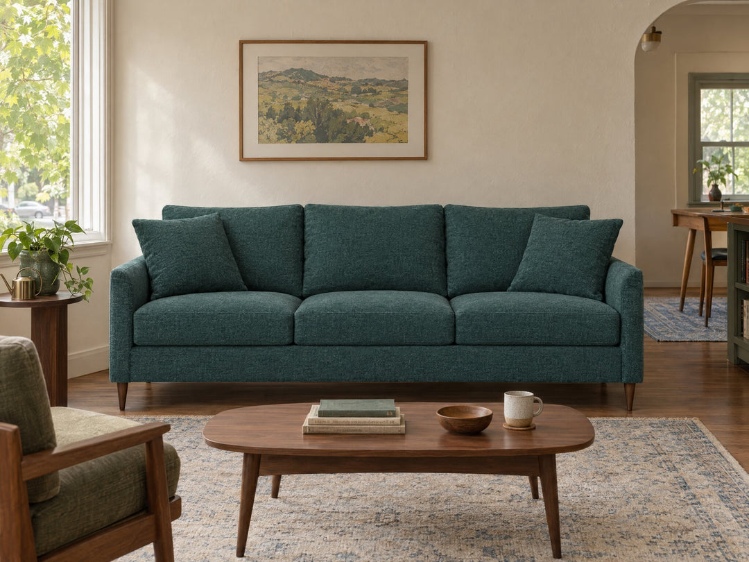 Josie Sofa in Infusion Seawater styled in a 1940s Woodstock cottage - Whats New Furniture Portland OR