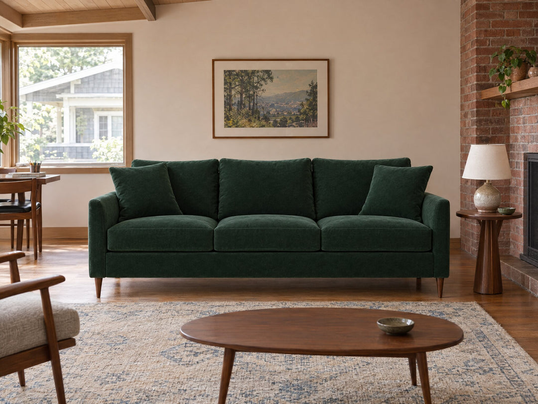 Josie Sofa in Julia Emerald styled in a 1960s Portland ranch - Whats New Furniture Portland OR