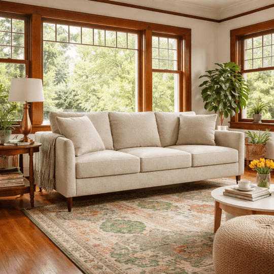 Josie Sofa in Malibu Parchment corner detail - mid-century sofa by Stylus - Whats New Furniture Portland OR
