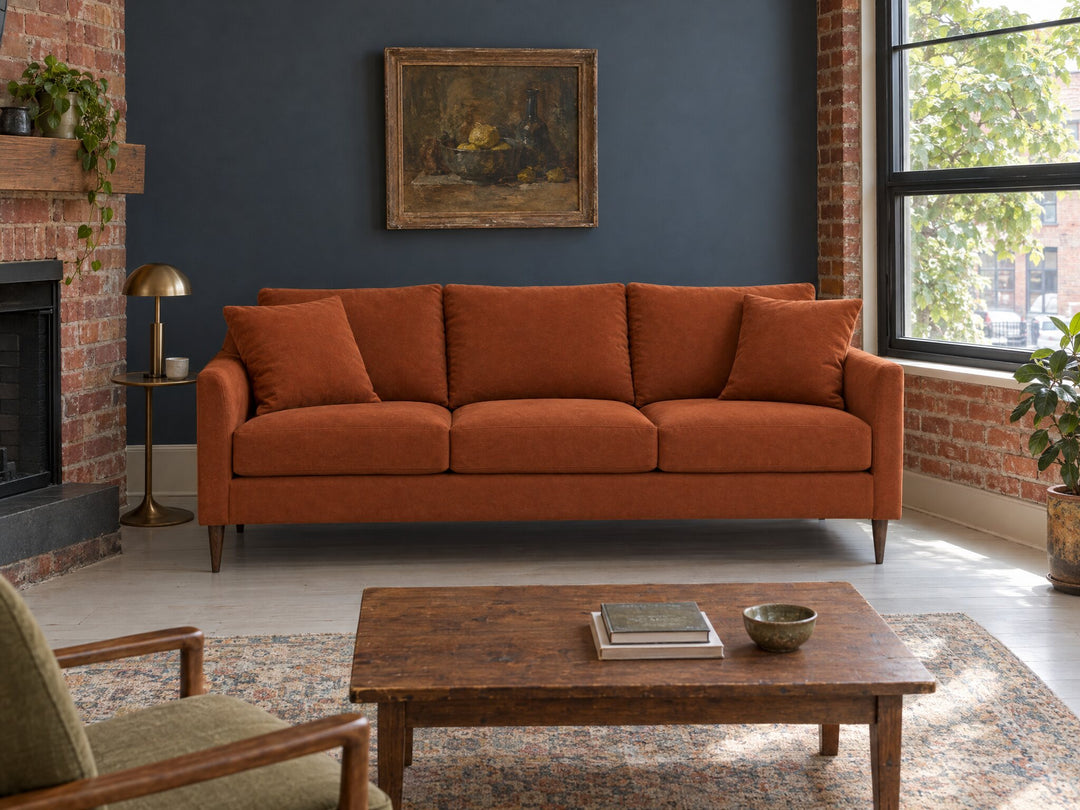 Josie Sofa in Mythic Rust styled in a NW Portland converted brick corner apartment - Whats New Furniture Portland OR