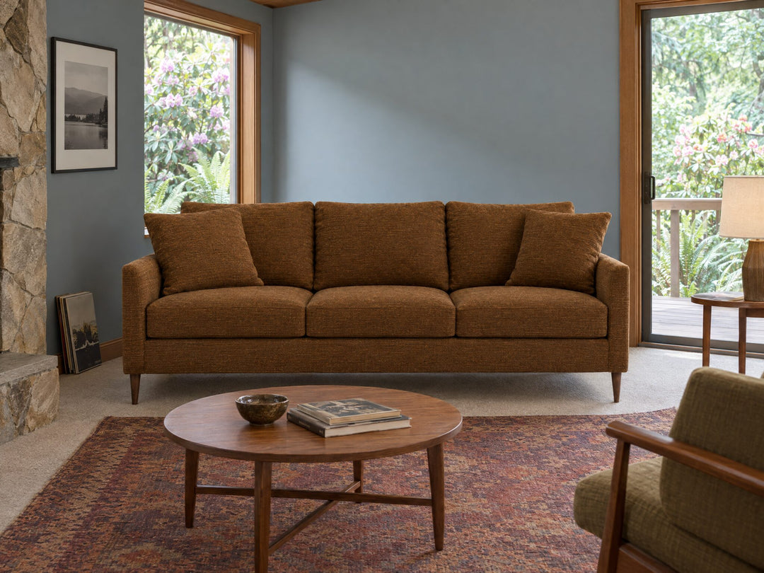 Josie Sofa in Nexus Toffee styled in a 1970s Lake Oswego split-level - Whats New Furniture Portland OR