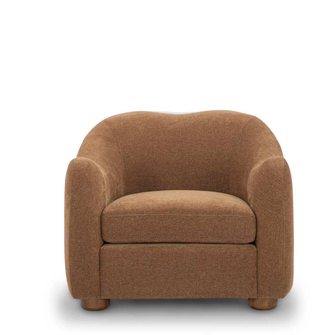 Joss Armchair in Walnut fabric detail - mid-century cocooning armchair private label - Whats New Furniture Portland OR
