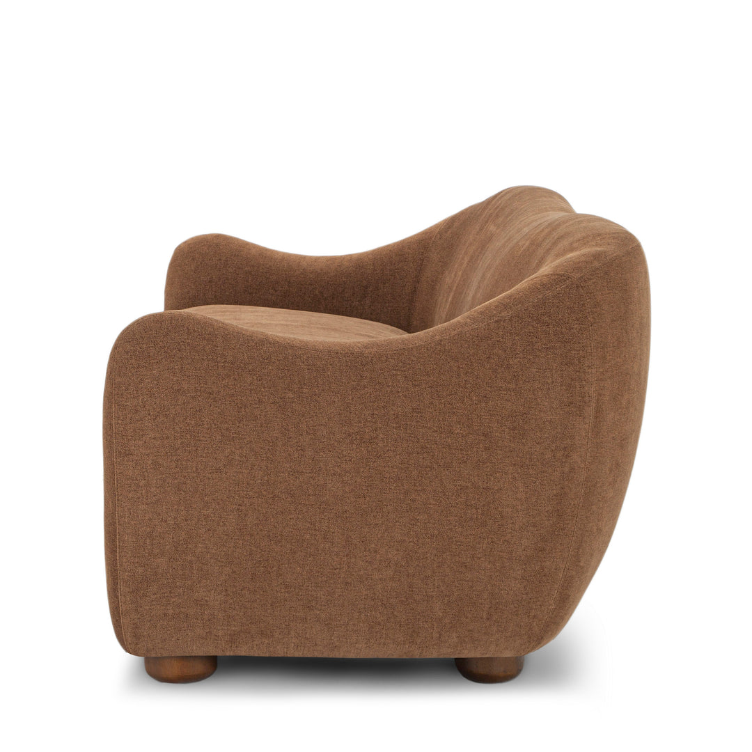 Joss Sofa in Walnut detail view - curved mid-century sofa private label - Whats New Furniture Portland OR