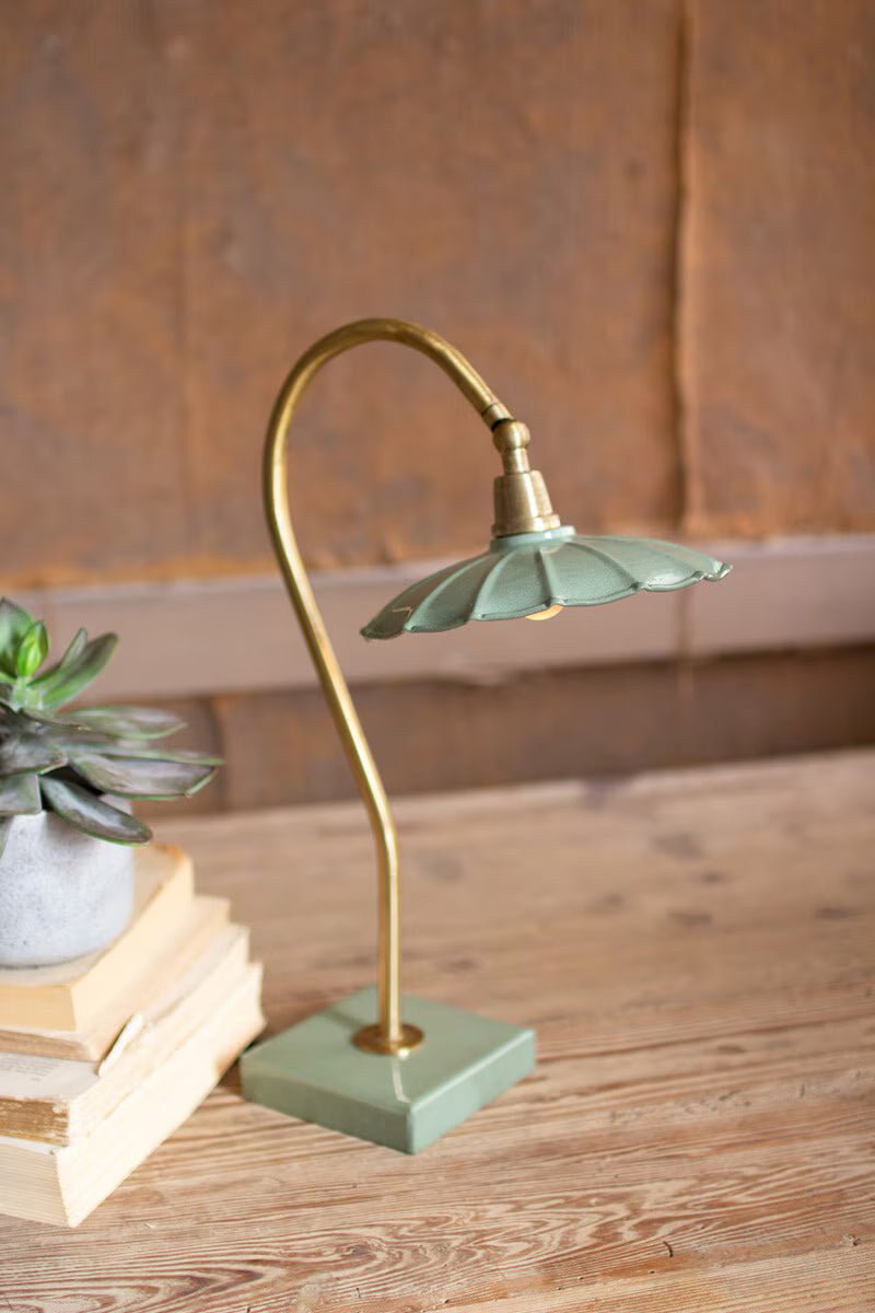 Antique Brass Goose Neck Table Lamp w/Enamel Shade - front view - mid-century modern - Whats New Furniture Portland OR