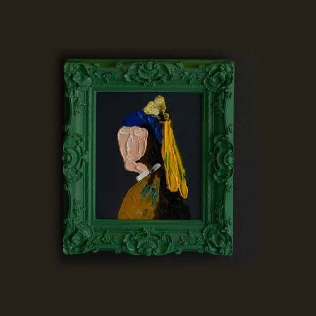 Framed acrylic portrait painting in a carved green baroque frame