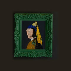 Framed acrylic portrait painting in a carved green baroque frame