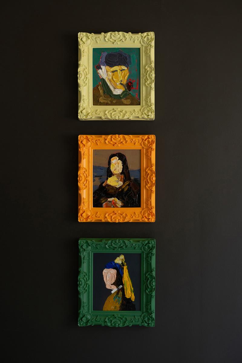 Framed acrylic portrait painting in a carved green baroque frame — shown hanging alongside its companion pieces