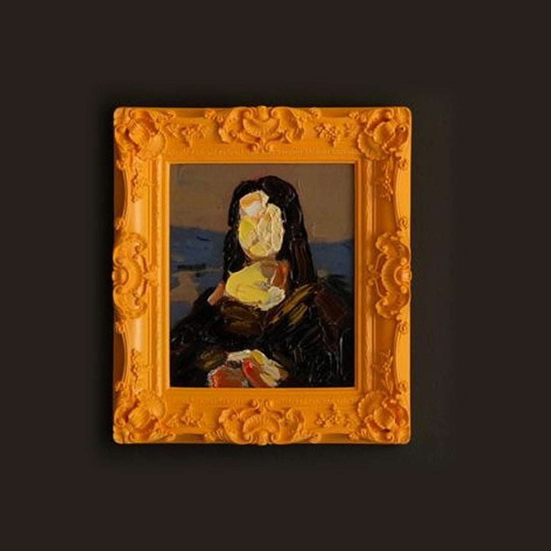 Framed acrylic portrait painting in a carved orange baroque frame