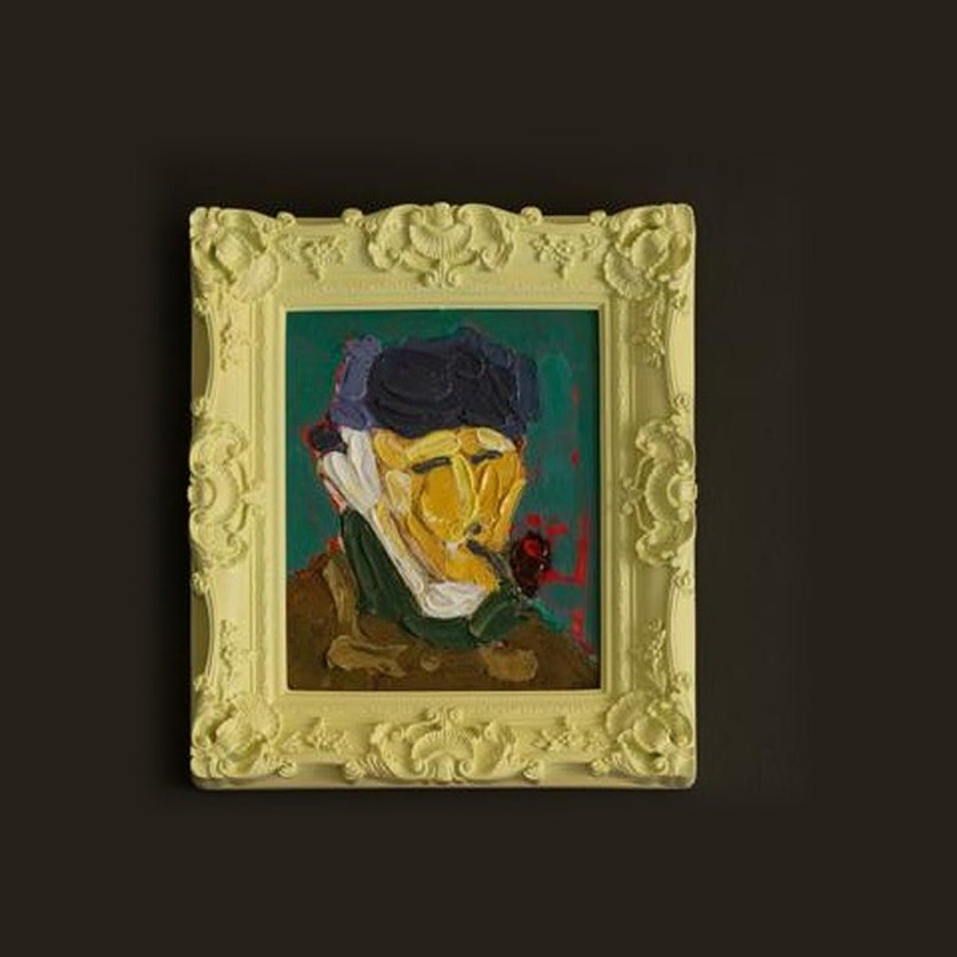 Framed acrylic portrait painting in a carved pale yellow baroque frame
