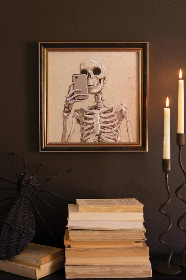 Framed Halloween Skeleton with Cell Phone Painting - Whats New Furniture Portland OR