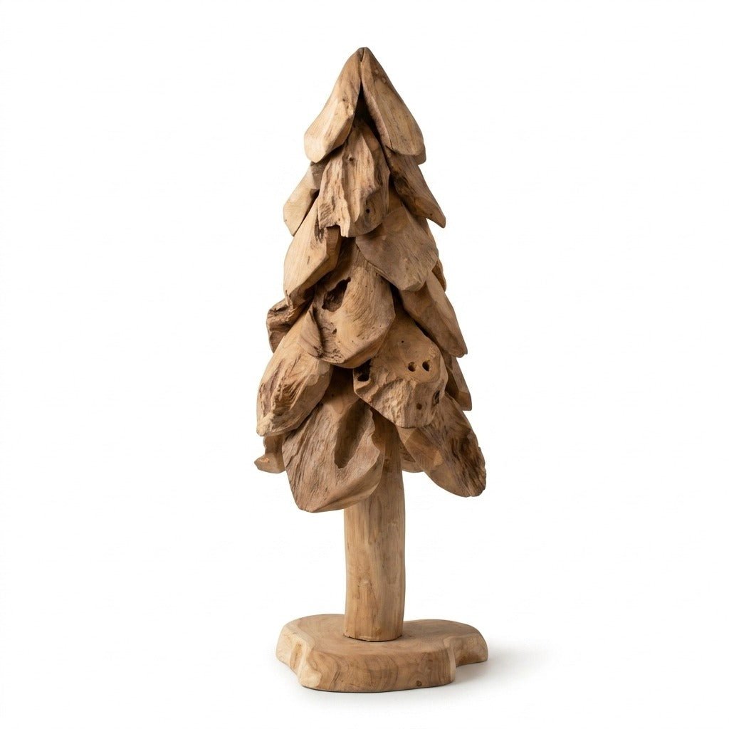 Large rustic teak Christmas tree 32 inches tall front view on white - carved wood holiday decor by Kalalou - Whats New Furniture Portland OR