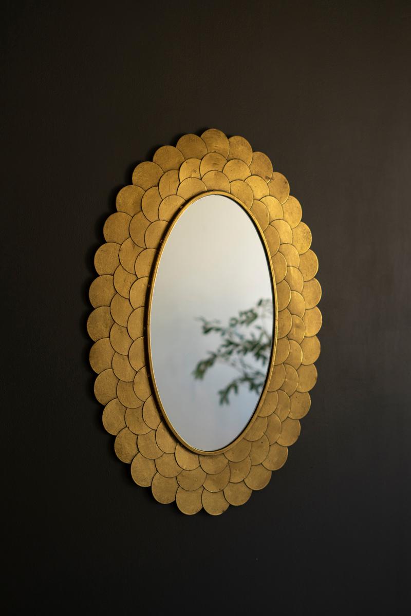 Layered Antique Gold Scallop Oval Wall Mirror hung on a dark wall at an angle - mirrors - Whats New Furniture Portland OR
