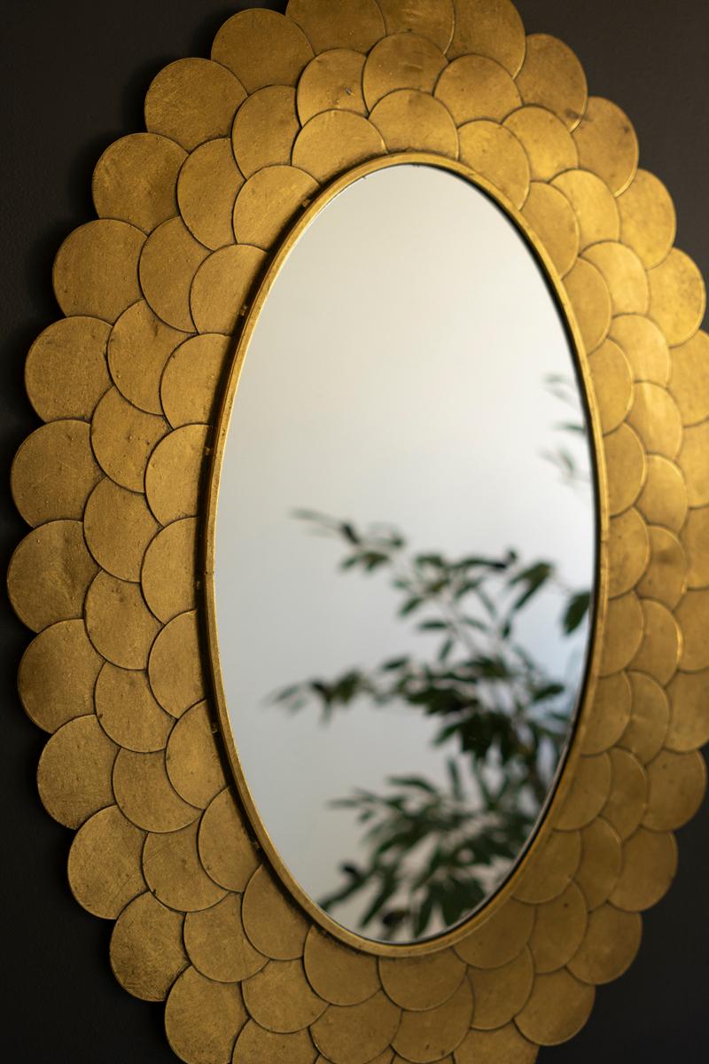 Layered Antique Gold Scallop Oval Wall Mirror close on the layered gold petal frame - Whats New Furniture Portland OR