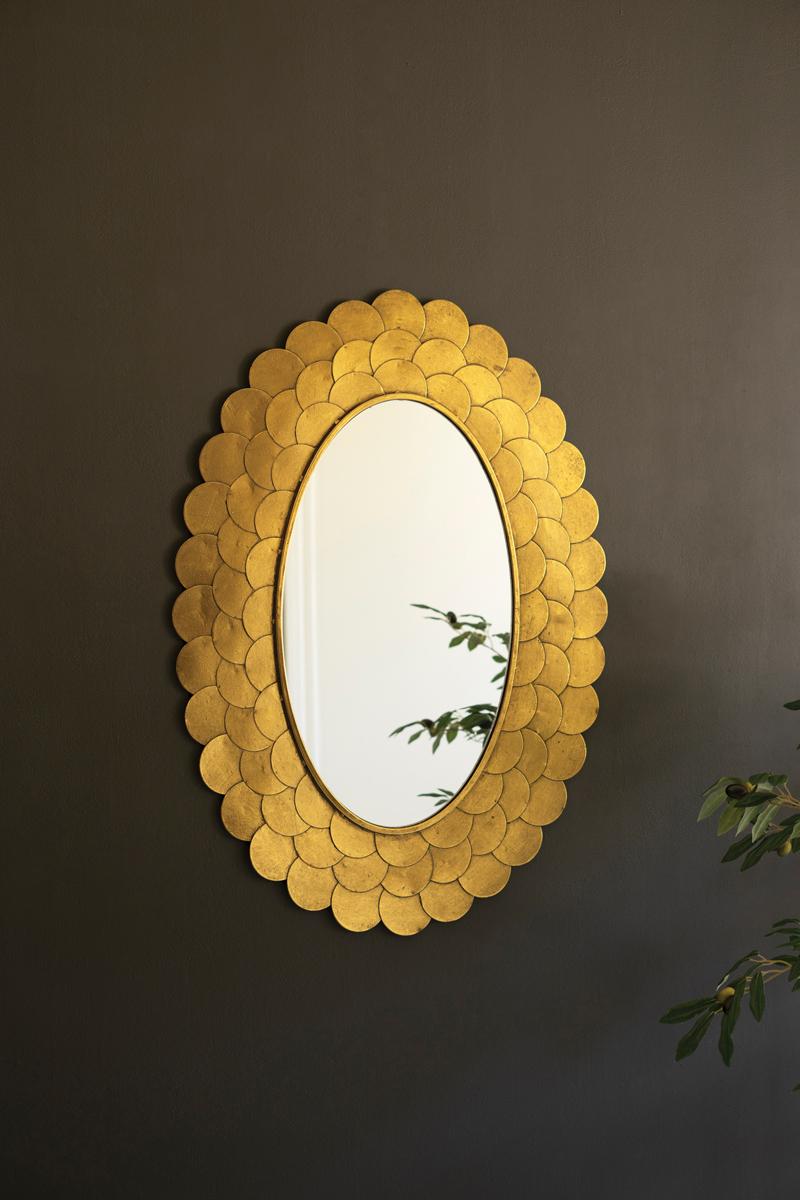 Layered Antique Gold Scallop Oval Wall Mirror hung straight on a dark wall - mirrors - Whats New Furniture Portland OR