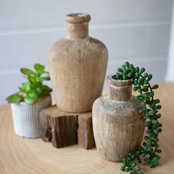 Pair of Carved Wooden Bottles - What's New Furniture Portland Oregon