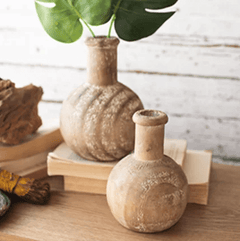 Pair of Round Carved Wooden Bottles - Whats New Furniture - Portland, Oregon