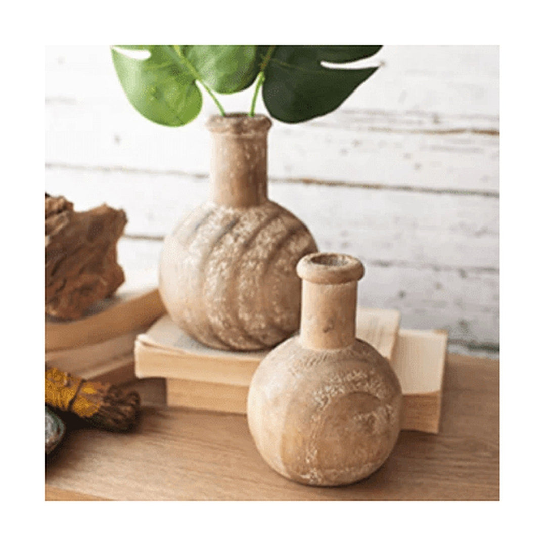 Pair of Round Carved Wooden Bottles - What's New Furniture - Portland, Oregon