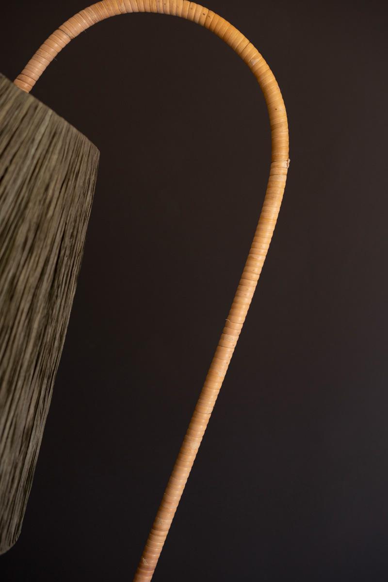Rattan-Wrapped Arc Floor Lamp with Olive Raffia Shade close on the rattan-wrapped arc - Whats New Furniture Portland OR