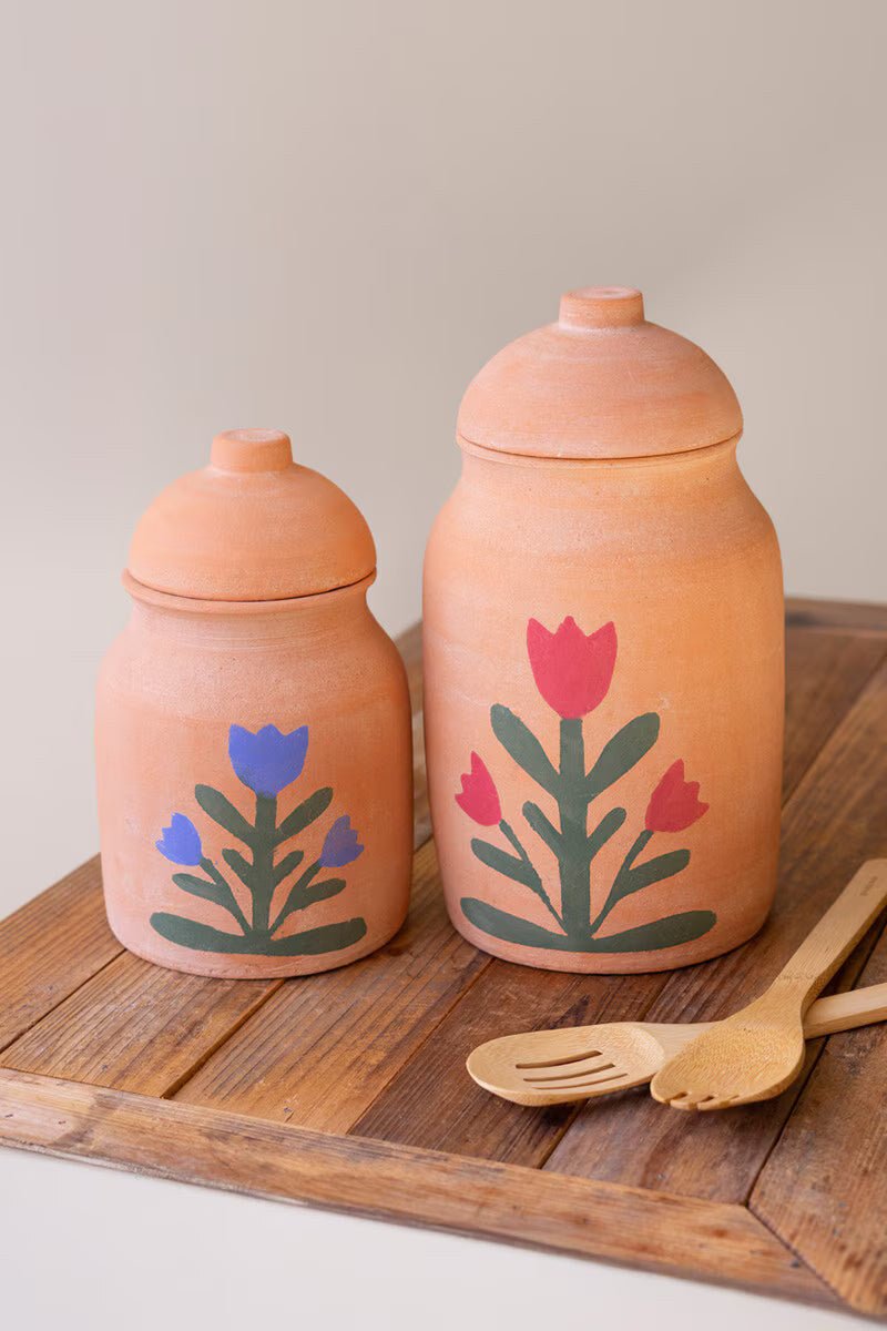 Set of 2 Clay Canisters with Painted Flower Detail front view - Whats New Furniture Portland OR