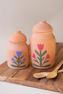 Set of 2 Clay Canisters with Painted Flower Detail front view - Whats New Furniture Portland OR