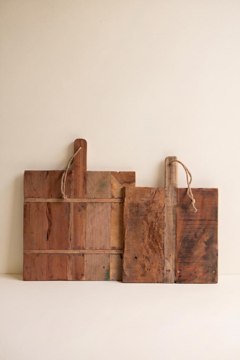 Set of 2 Recycled Wood Cheese Boards standing upright against a cream wall - reclaimed wood decor by Kalalou - Whats New Furniture Portland OR