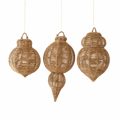 Set of Three Large Woven Seagrass and Iron Ornaments on a studio background - home decor by Kalalou - Whats New Furniture Portland OR