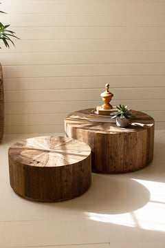 Set of Two Recycled Wood Round Coffee Tables