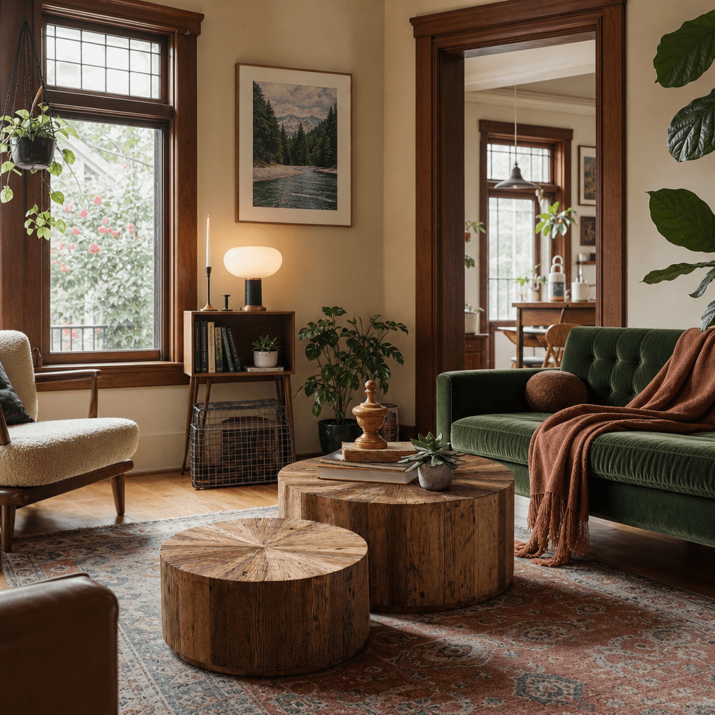 Set of Two Recycled Wood Round Coffee Tables in Default Title styled in a Portland home - Whats New Furniture