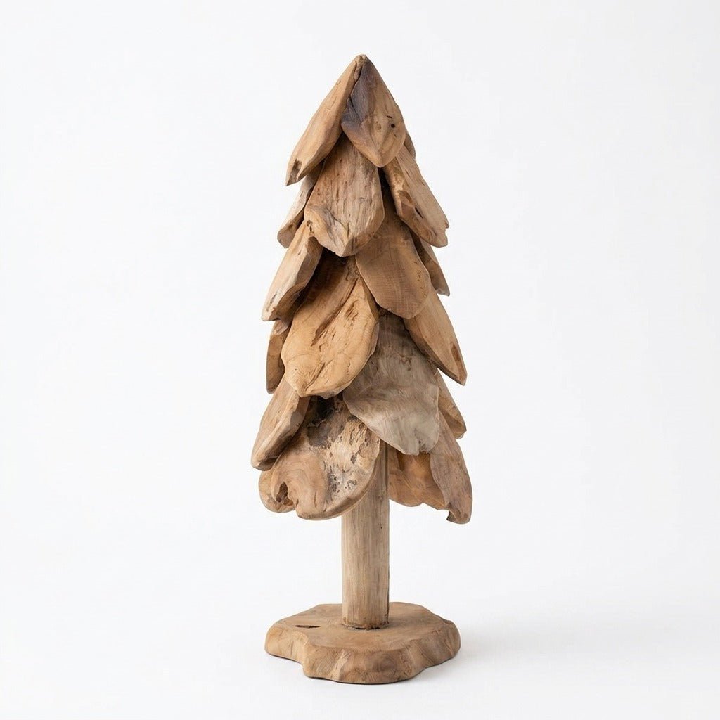 Small rustic teak Christmas tree 24 inches tall front view on white - carved wood holiday decor by Kalalou - Whats New Furniture Portland OR