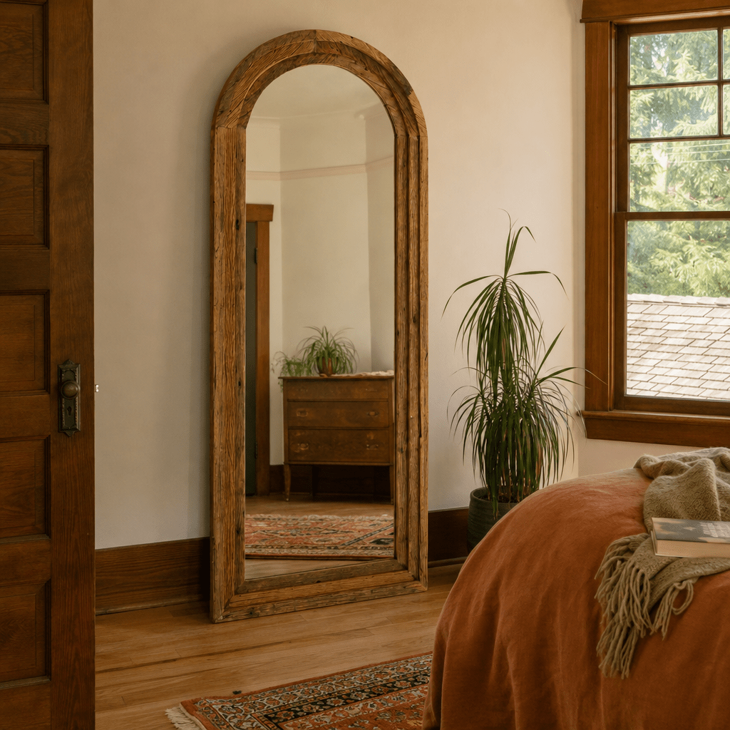 Arched Top Recycled Framed Floor Mirror styled in a Portland bedroom - lifestyle - What&