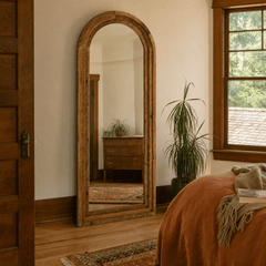 Arched Top Recycled Framed Floor Mirror styled in a Portland bedroom - lifestyle - What&