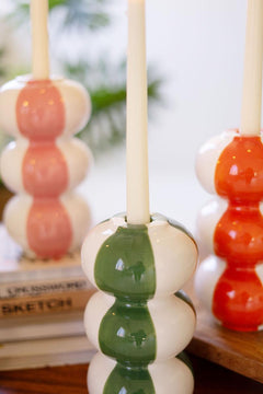 Pink Ceramic Striped Taper Candle Holder — view 3