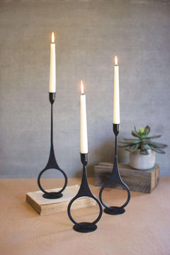 Set of 3 Cast Iron Taper Candle Holders with Ring Detail — What&