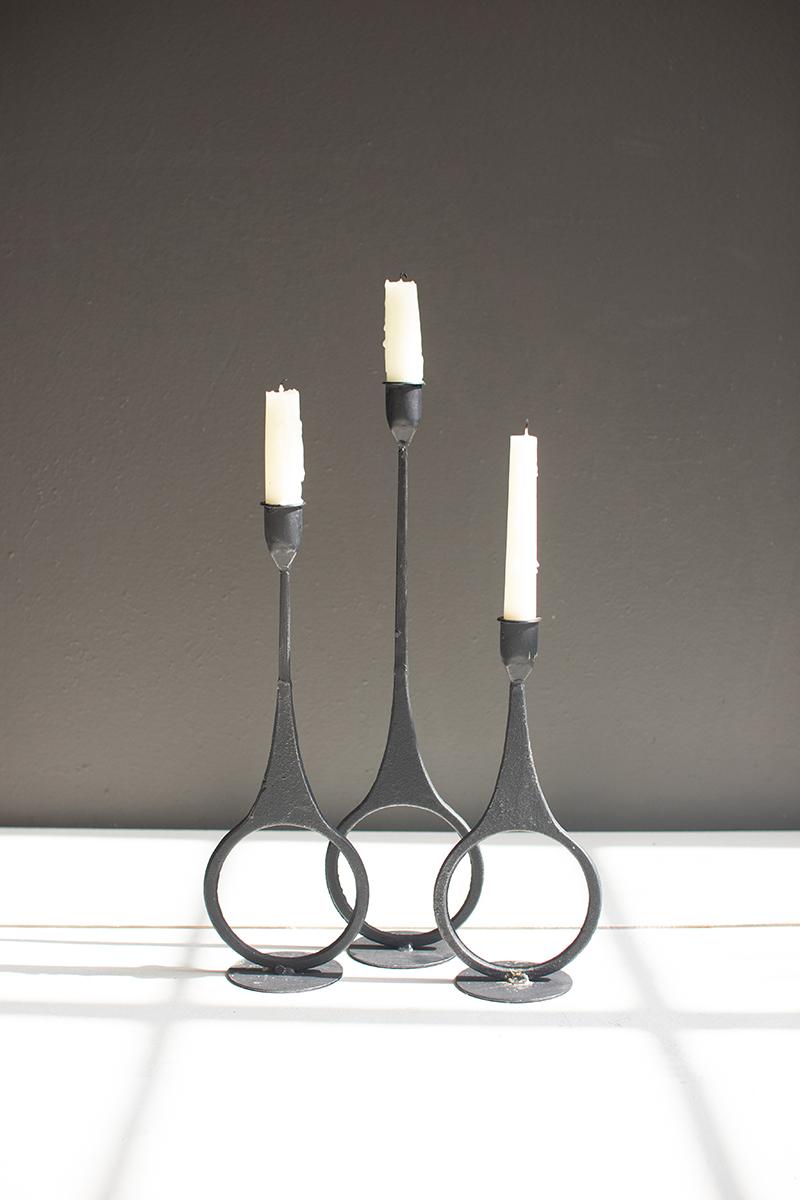Set of 3 Cast Iron Taper Candle Holders with Ring Detail — view 2