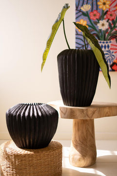 Short Black Stone Composite Urn with Fluted Detail — view 6