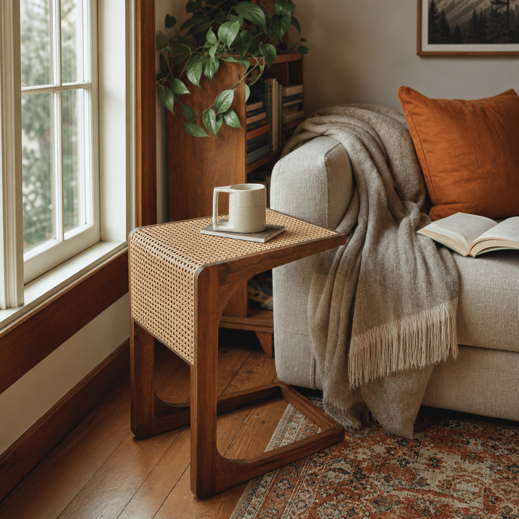 Wood Side Table with Woven Cane Detail in Default Title styled in a Portland home - Whats New Furniture