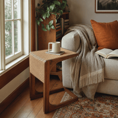 Wood Side Table with Woven Cane Detail in Default Title styled in a Portland home - Whats New Furniture