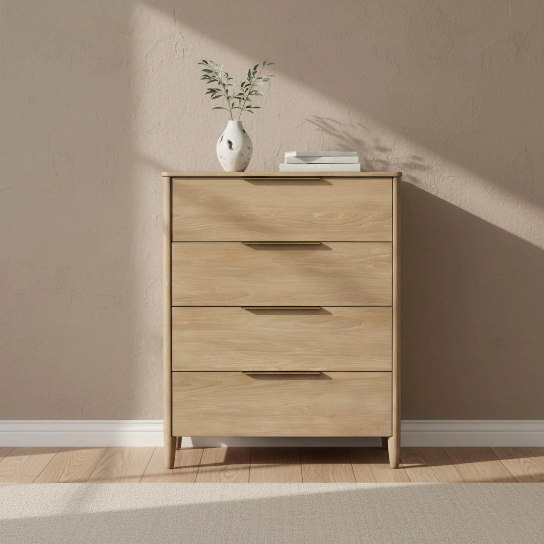 Kamelia 4 Drawer Chest in Sand Oak room setting - oak drawer chest by LH Imports - Whats New Furniture Portland OR