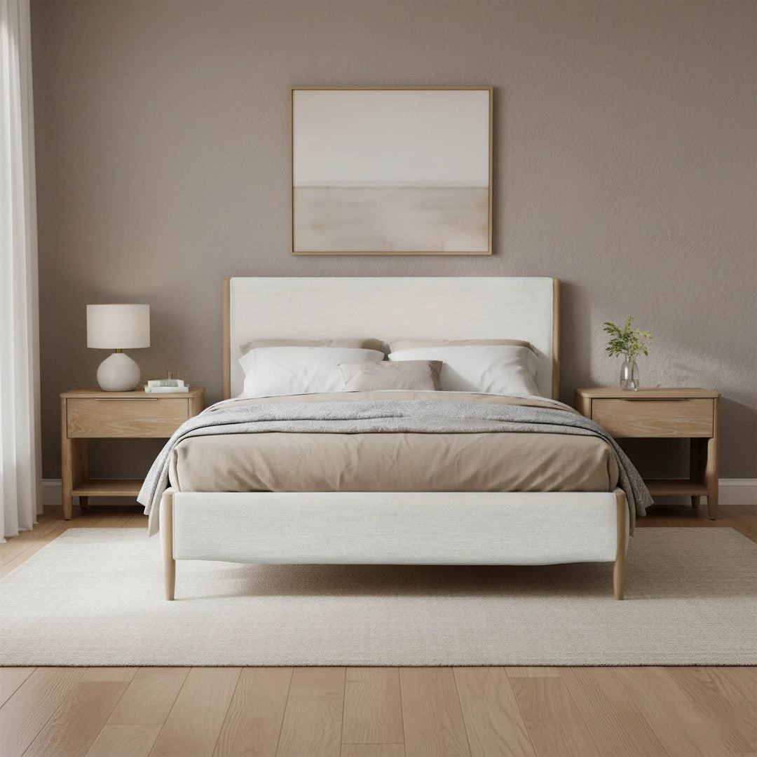 Kamelia Queen Bed Frame in Sand fabric closeup - queen upholstered bed frame by LH Imports - Whats New Furniture Portland OR