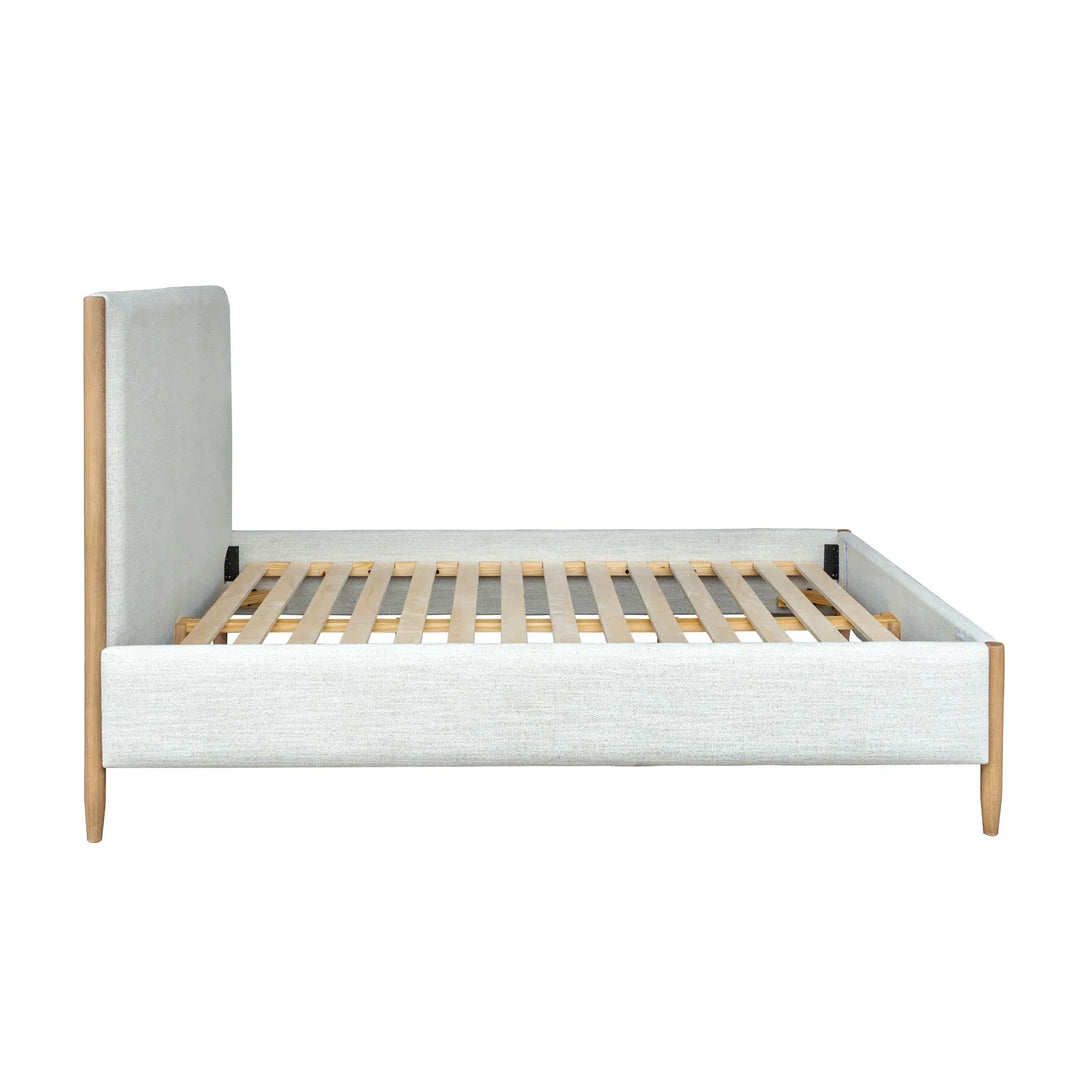 Kamelia Queen Bed Frame in Sand detail view - queen upholstered bed frame by LH Imports - Whats New Furniture Portland OR