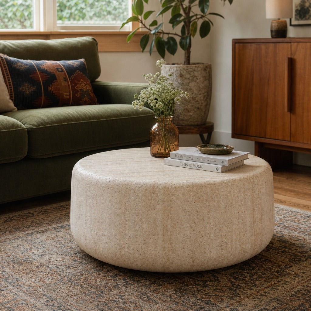Kassia Coffee Table - Faux Travertine Round styled in a Portland living room - Whats New Furniture