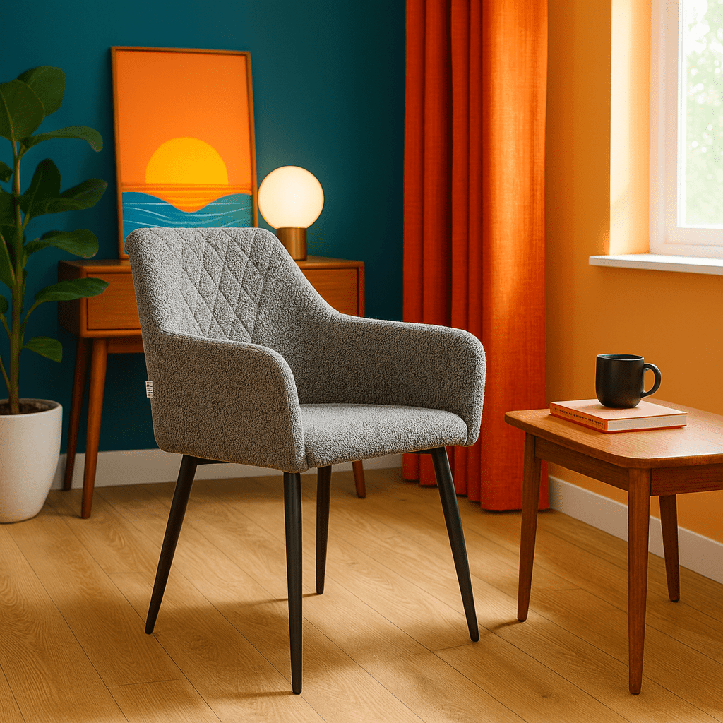 Kaya Dining Chair in Grey lifestyle setting - boucle dining chair - Whats New Furniture Portland OR