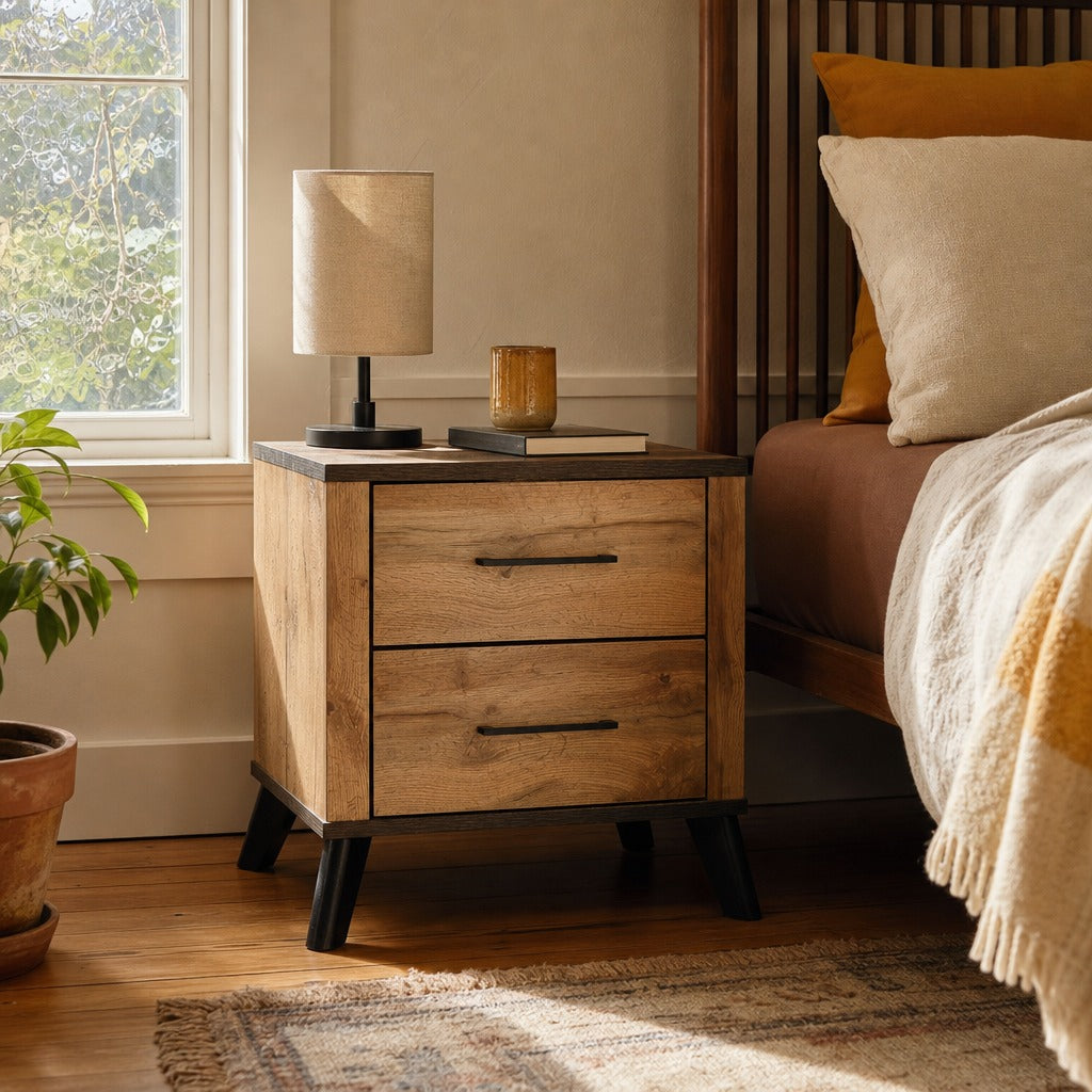 Kaywood 2 Drawer Nightstand Bedside Table Natural Pine styled in Portland St. Johns bungalow living room - What&