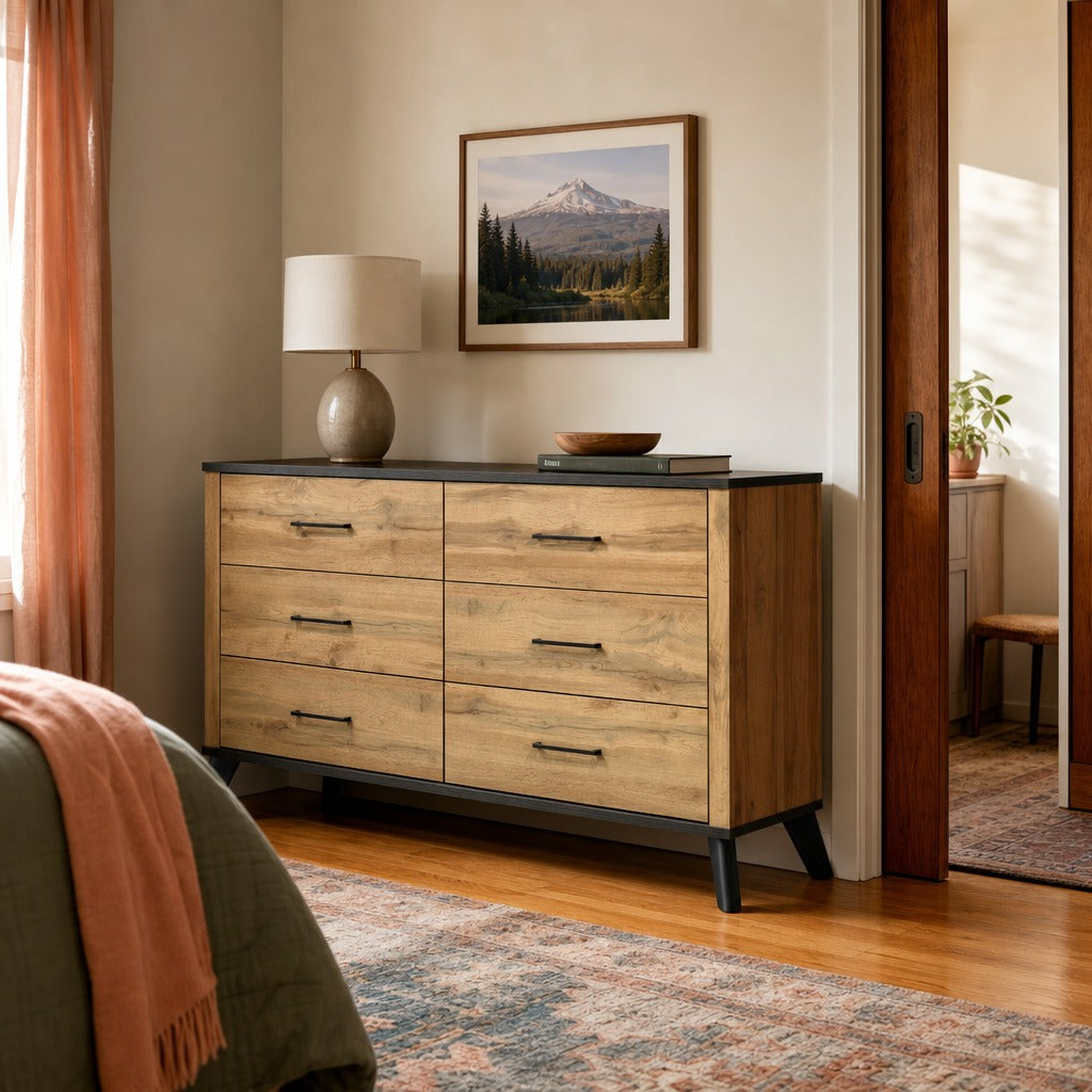 Kaywood 6 Drawer Dresser Cabinet Natural Pine styled in Portland 1960s Garden Home ranch living room - What&