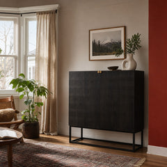 Kelby Bar Cabinet styled in Portland AlbertArts foursquare dining room - Whats New Furniture